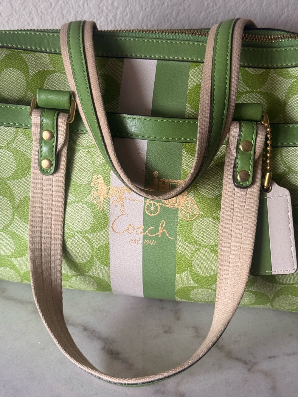 Coach Lime Green Signature Stripe Satchel with White Accents - Picture 9 of 12
